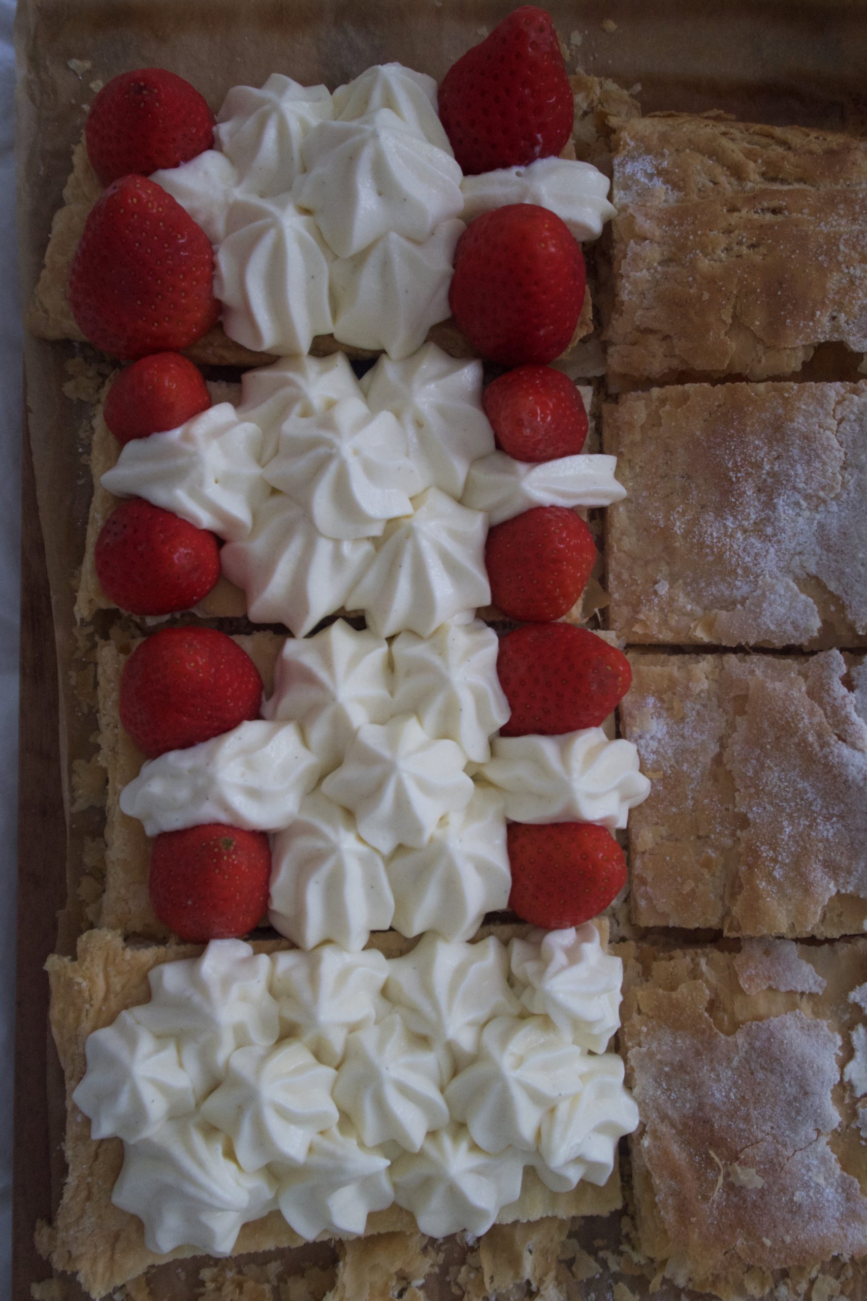 looking down on open slices of mille-feuille