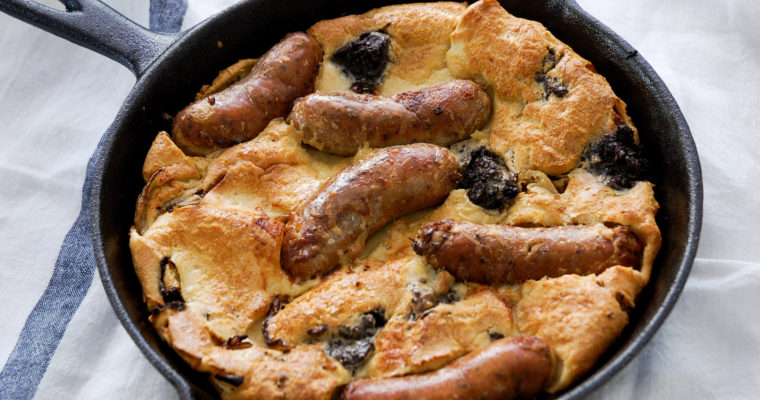 toad in the hole in a cast iron pan