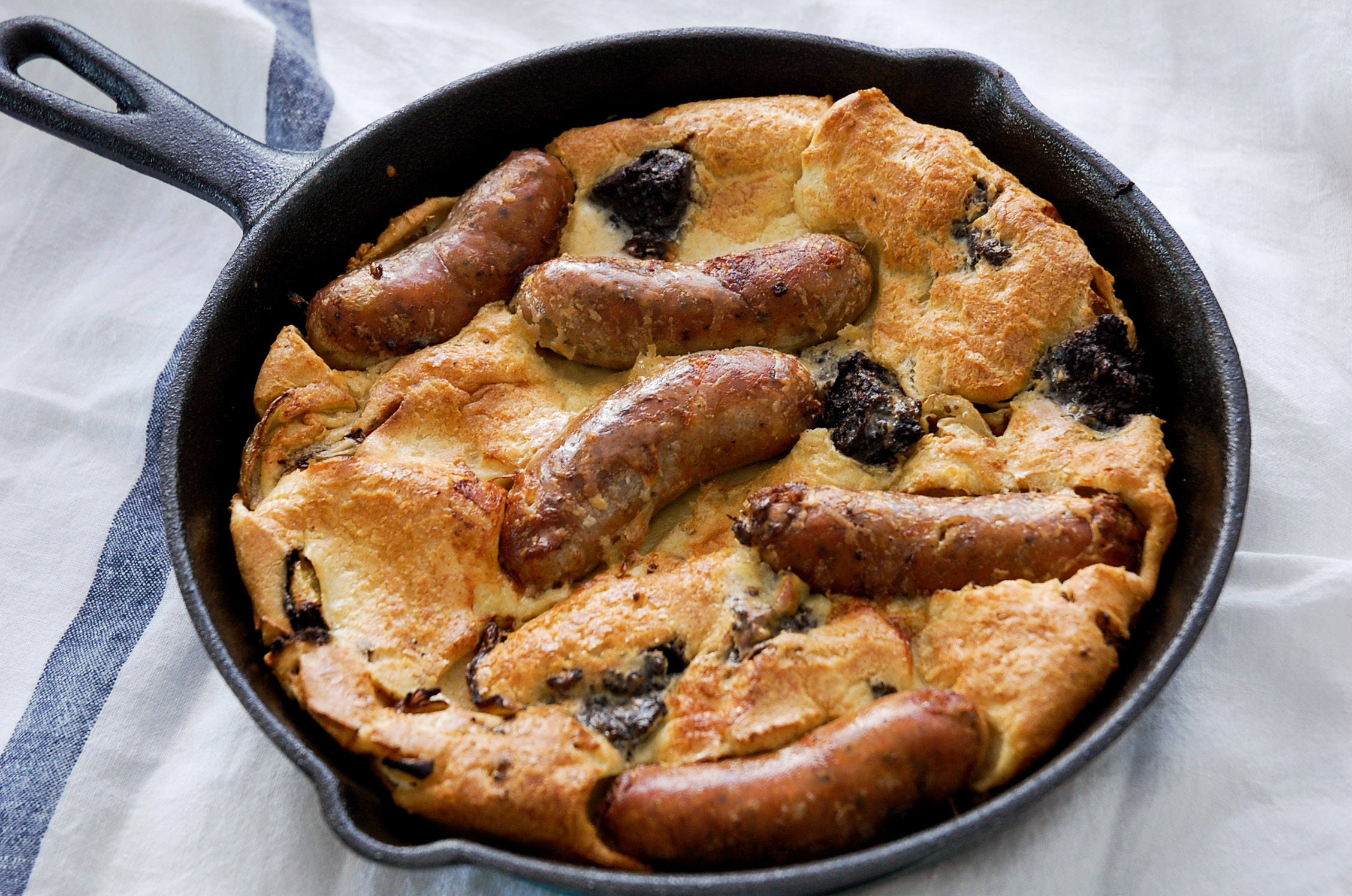 Frying pan toad in the hole with black pudding