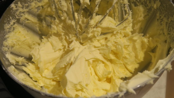 Buttercream in a mixing bowl