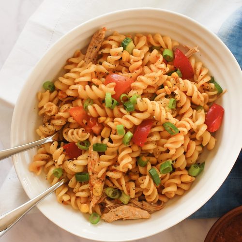 BBQ chicken pasta salad in a bowl