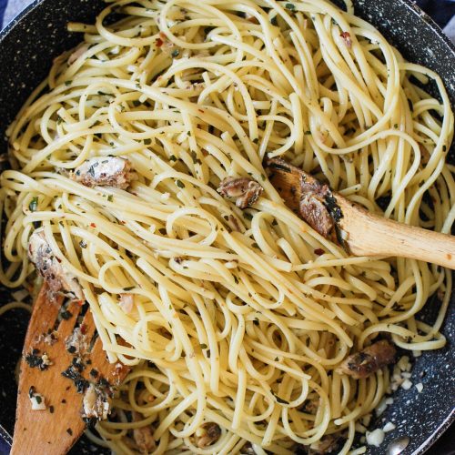 a pan full of linguine