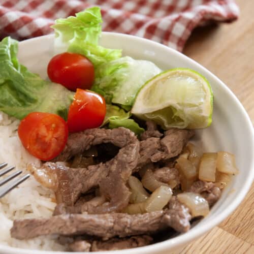 a white bowl with fried beef, lettuce and tomato and rice.