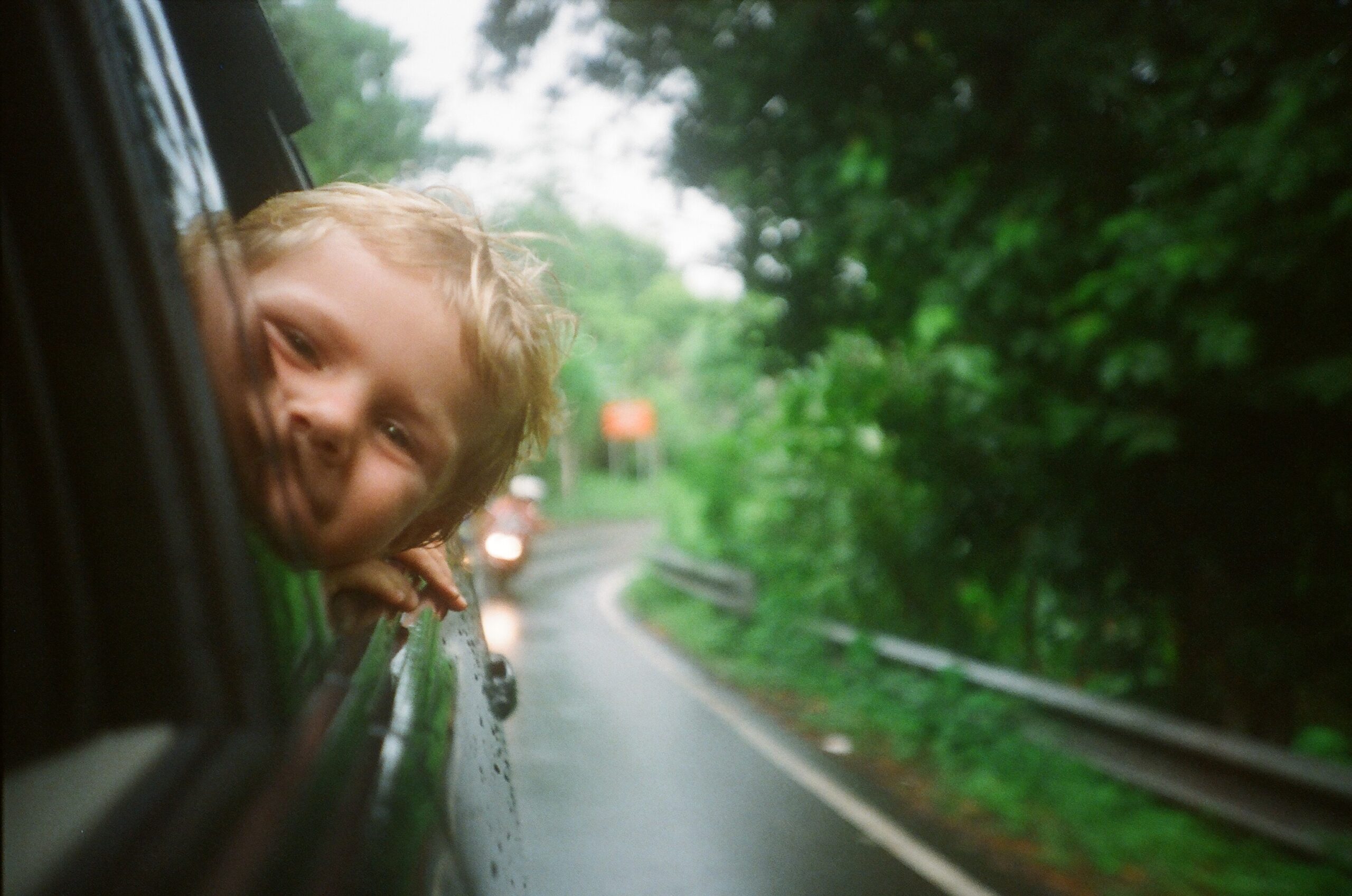 A small boy putting his head out of the car window